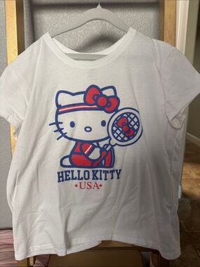 Hello Kitty White Tee with Red & Blue Tennis Graphic